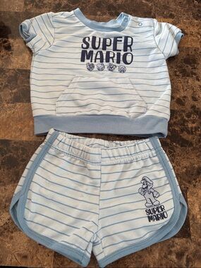 Nintendo Super Mario Light Blue and Navy Striped Baby Shirt and Shorts set